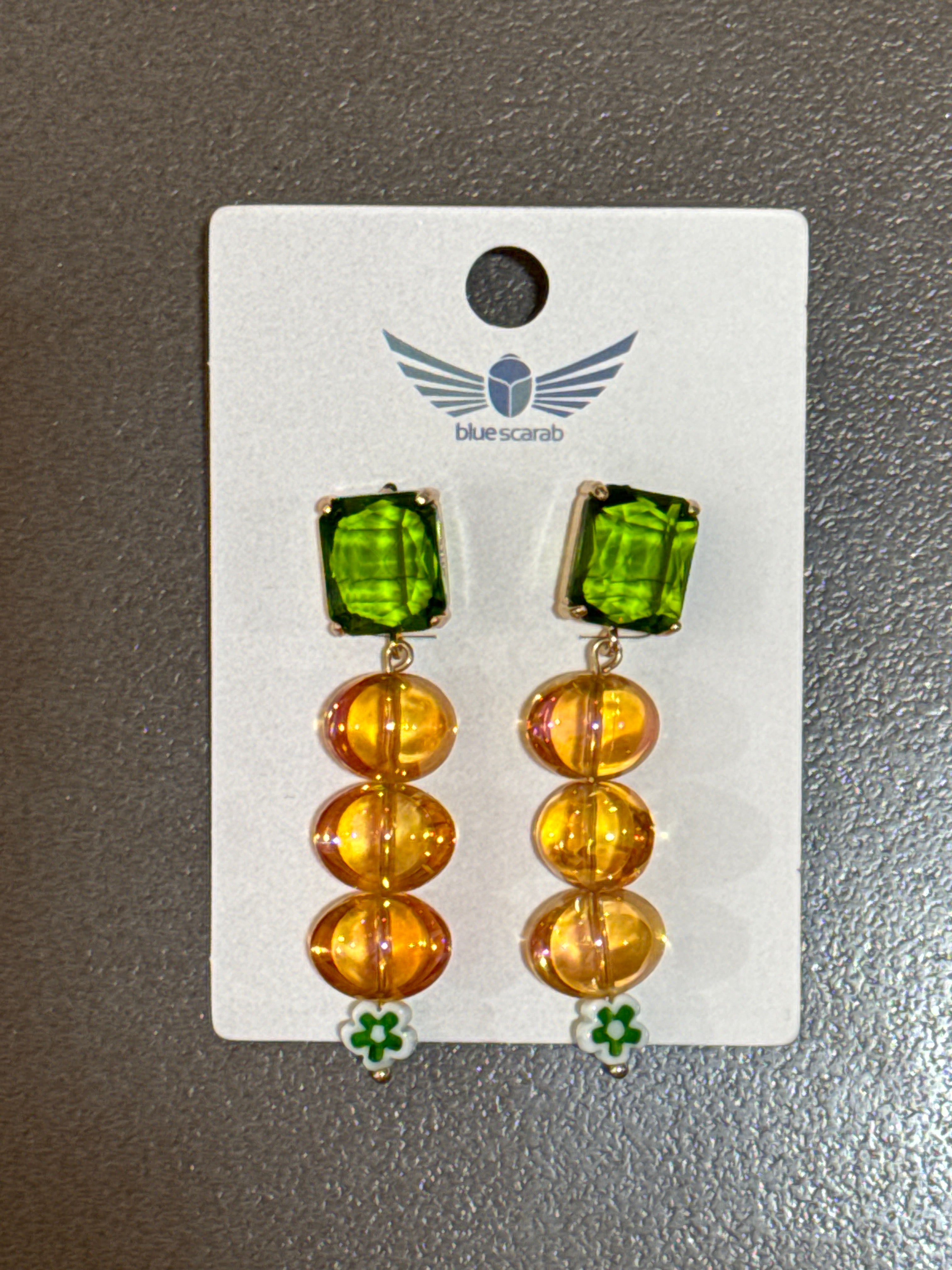 Blue Scarab Green and Orange Bead Earrings