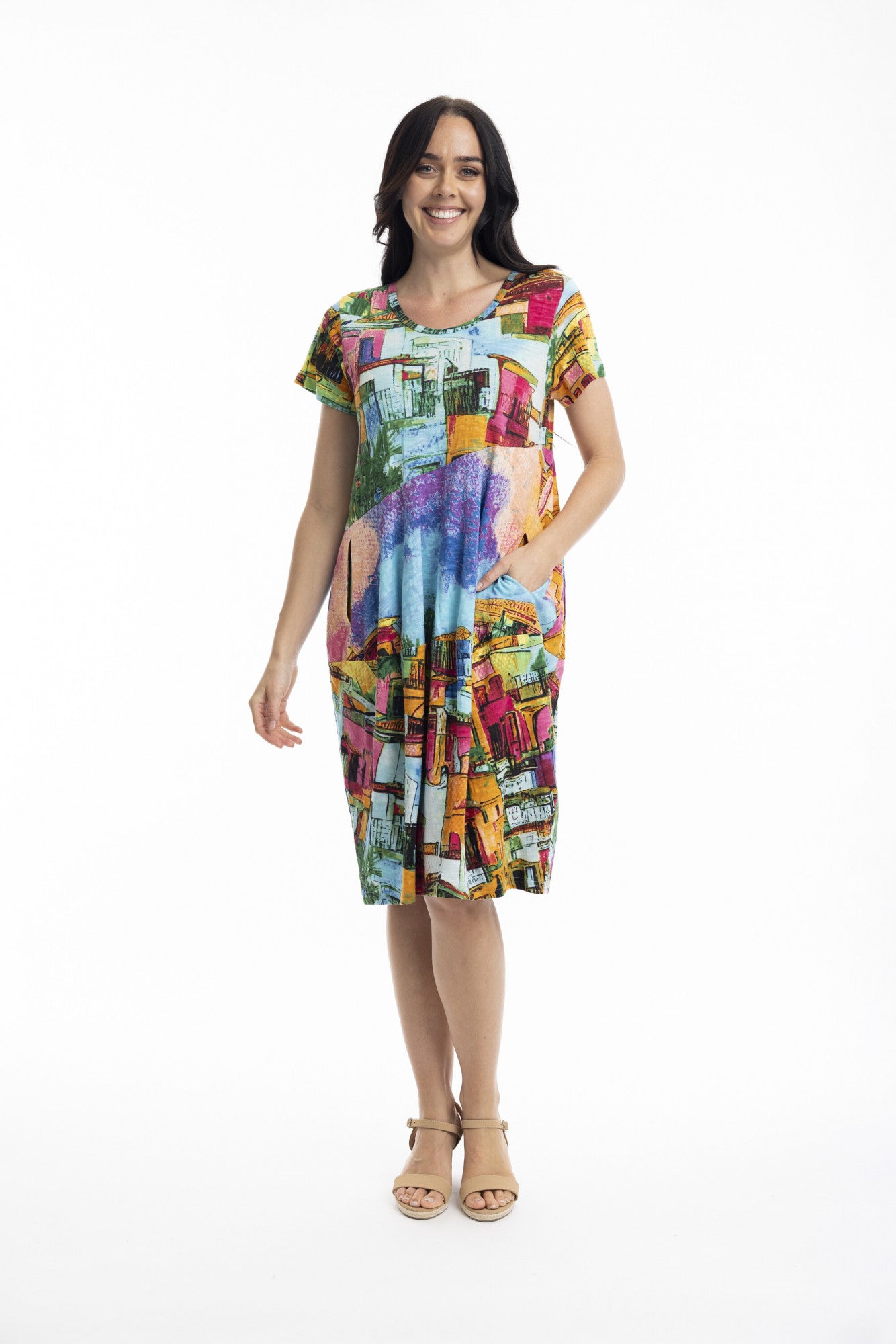 Printed Cotton Short Sleeve Bubble Dress Orientique