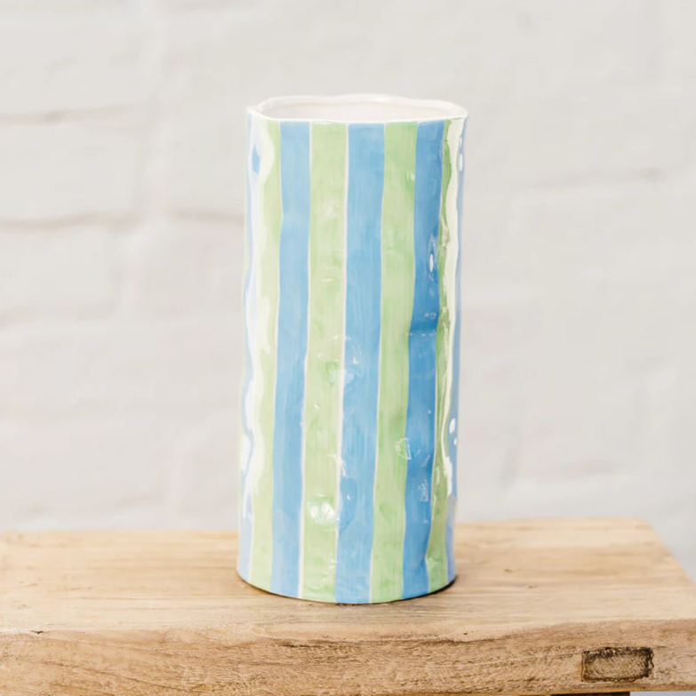 Large Cornflower Blue & Green Stripe Vase