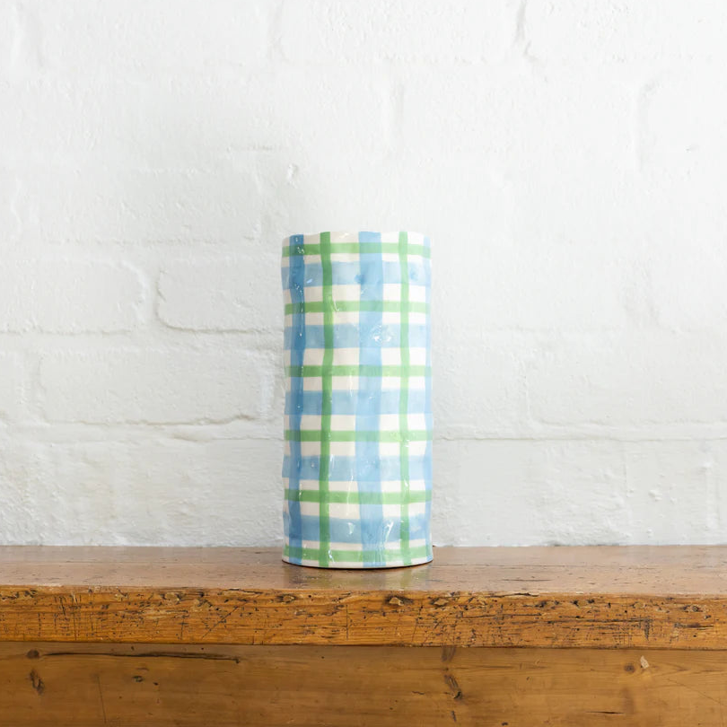 Large Cornflower Blue & Mint Green Gingham Vase