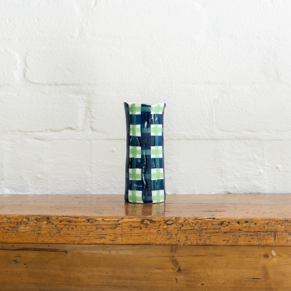 SMALL GREEN AND NAVY GINGHAM VASE