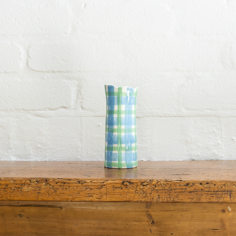 SMALL LIGHT BLUE AND GREEN GINGHAM VASE