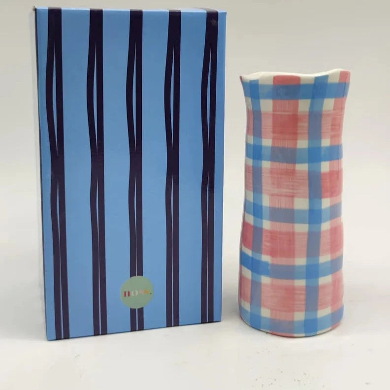 Small Pink & Cornflower Blue Gingham Vase