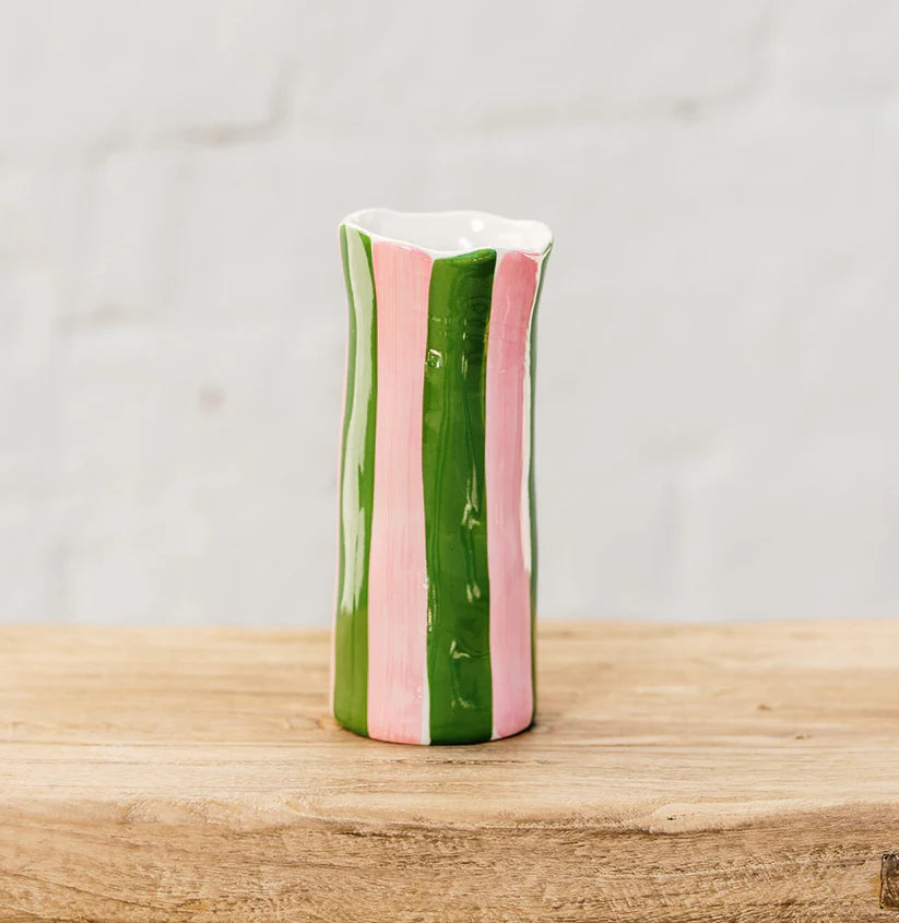 Small Dark Green & Pink Stripe Vase