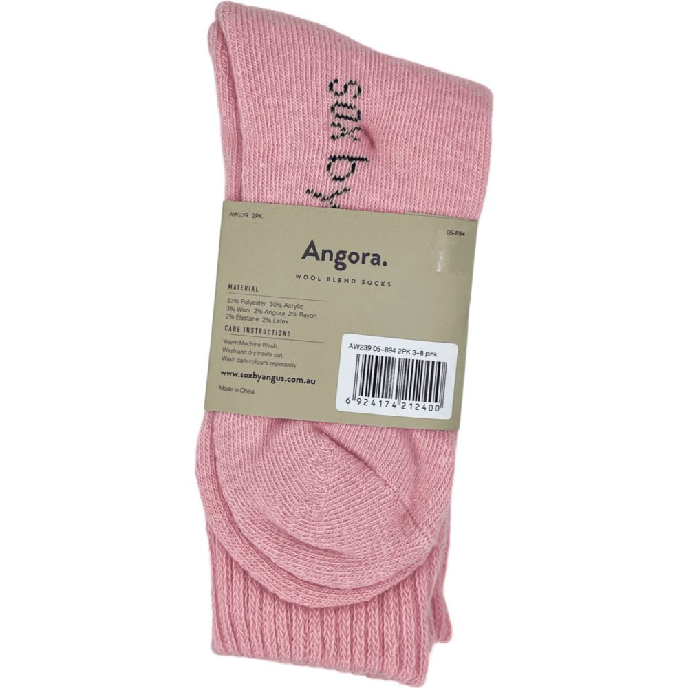 Angora Wool Blend Socks 2 Pair Pack - Pink SIZES 3-8