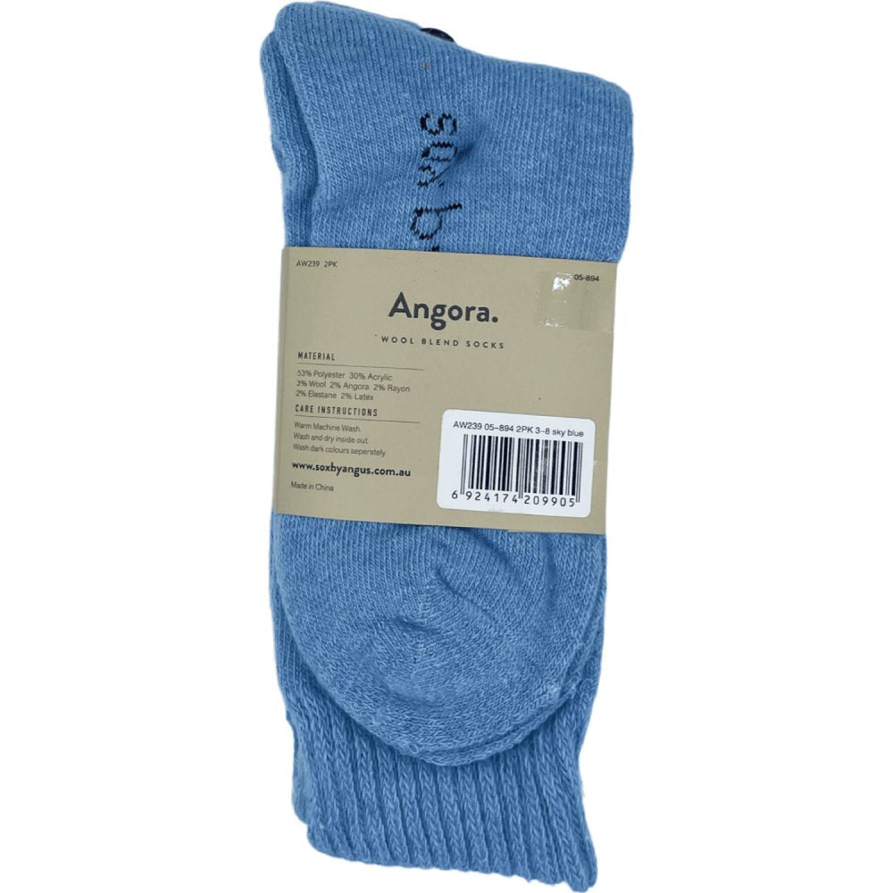 Angora Wool Blend Socks 2 Pair Pack - Sky Blue SIZES 3-8